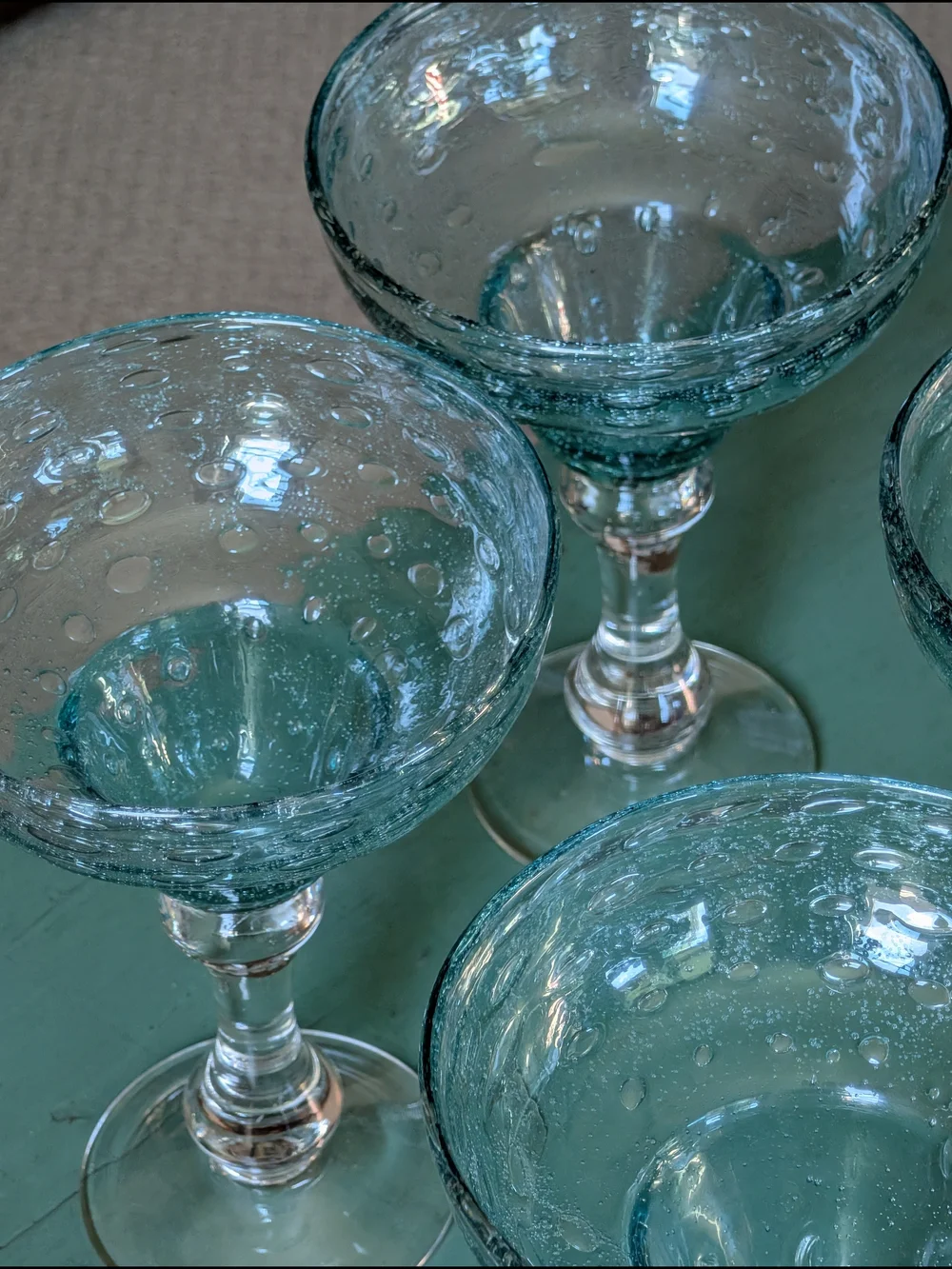 Handblown Teal Bubble Glass Coupe Margarita Elegant Home Dining Glassware Set 4